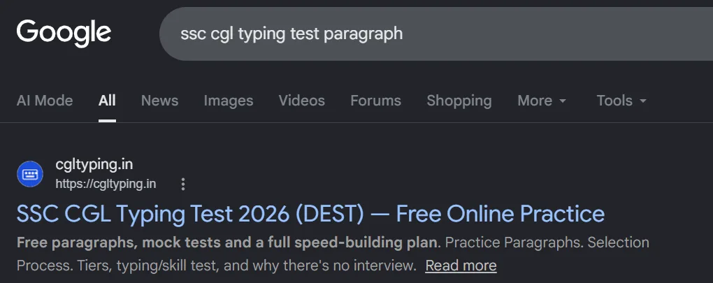 Google results for ssc cgl typing test paragraph, with cgltyping.in as the first result.