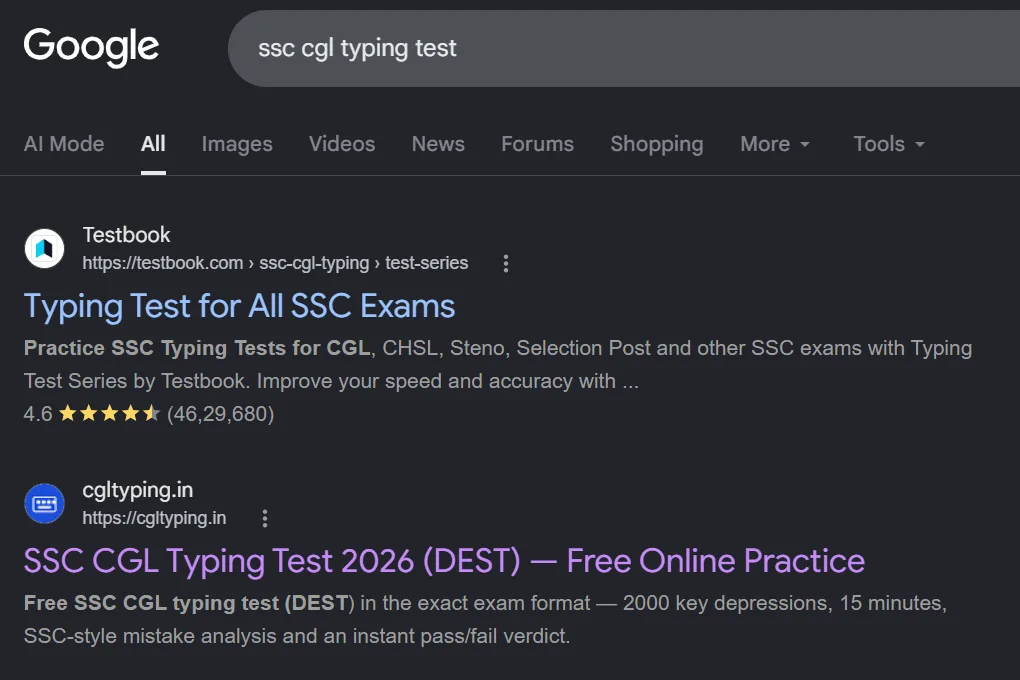 Google results for ssc cgl typing test: Testbook first, cgltyping.in second.