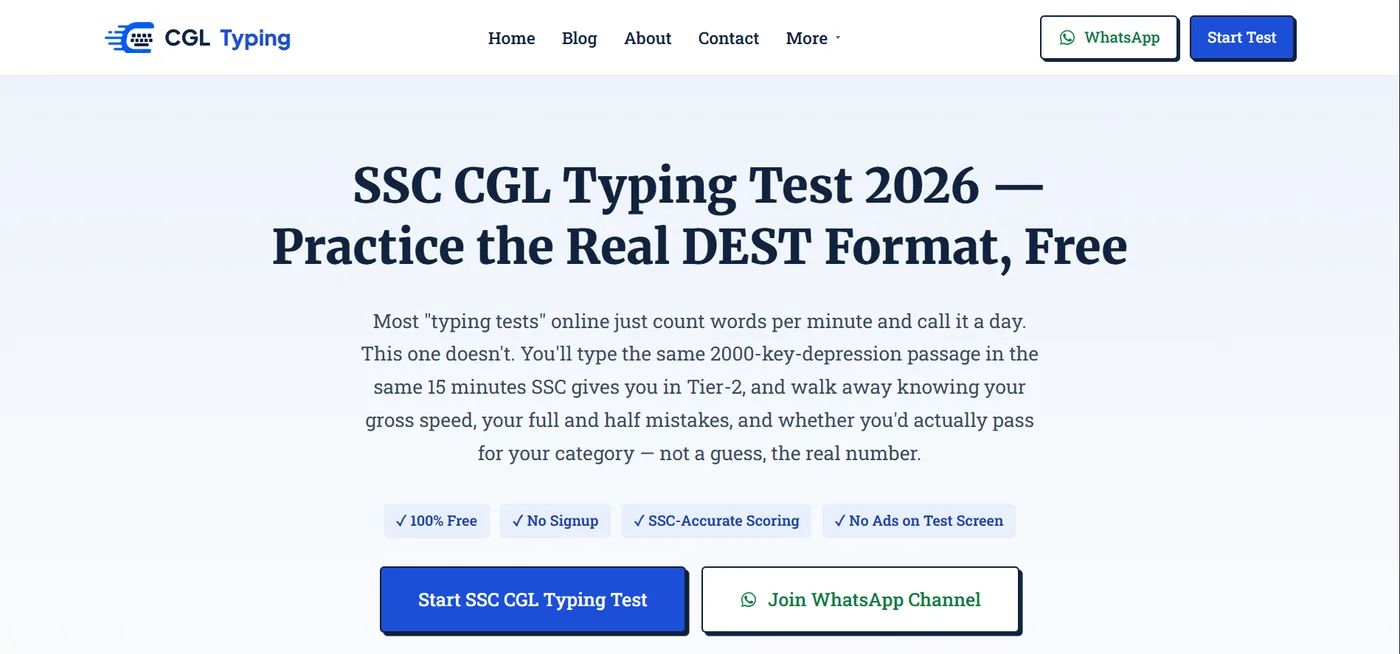 The cgltyping.in homepage, headed “SSC CGL Typing Test 2026 — Practice the Real DEST Format, Free”, with Start Test and WhatsApp buttons.